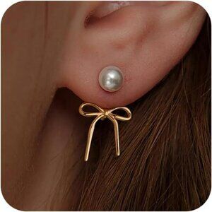 Gold pearl hoop earrings for women bow dangle stud 14K plated jewelry gift